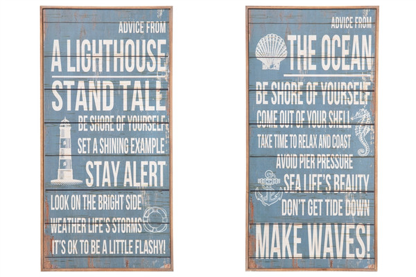 Wood Rectangle Wall Art With "Coastal Messages" Design Assortment Of Two Distressed Finish Blue (Pack Of 4) 57912-AST By Urban Trends