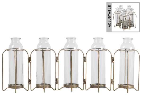 Metal Hinged Bud Vase Holder With 5 Glass Bottle Vases Anitque Finish Gold (Pack Of 6) 59212 By Urban Trends