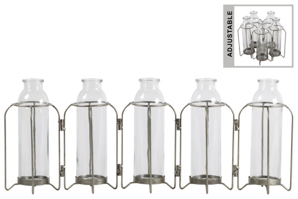 Metal Hinged Bud Vase Holder With 5 Glass Bottle Vases Anitque Finish Gray (Pack Of 6) 59213 By Urban Trends