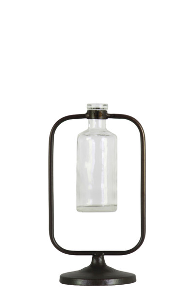 Metal Hanging Bud Vase With Short Glass Bottle Vase On Round Base Metallic Finish Gunmetal Gray (Pack Of 6) 59230 By Urban Trends