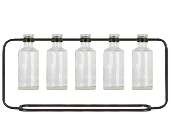 Metal Clustered Hanging Bud Vase With 5 Short Glass Bottle Vases On Capsular Base Metallic Finish Gunmetal Gray (Pack Of 6) 59231 By Urban Trends