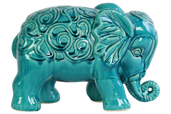 Ceramic Standing Elephant Figurine With Embossed Swirl Design Gloss Finish Turquoise (Pack Of 4) 79014 By Urban Trends