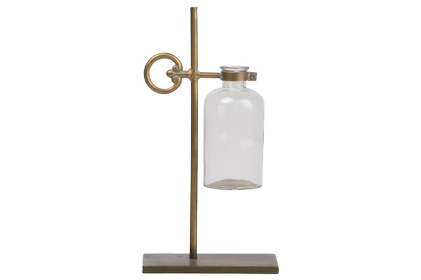 Metal Bud Vase Holder With Side Round Handle And Suspended Glass Bottle Vase On Rectangle Base Metallic Finish Gold (Pack Of 4) 94258 By Urban Trends