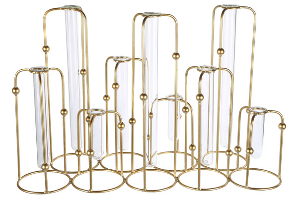 Metal Clustered Bud Vase Holder With Hanging Tube Glass Vases On Round Base Coated Finish Gold (Pack Of 2) 94261 By Urban Trends
