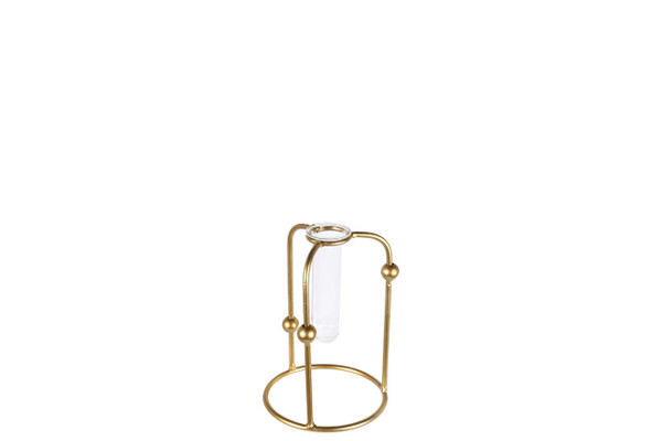 Metal Round Bud Vase Holder With Hanging Tube Glass Vase On Base Sm Coated Finish Gold (Pack Of 8) 94262 By Urban Trends