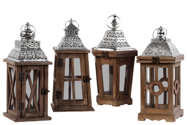 Wood Square Lantern With Silver Pierced Metal Top, Ring Hanger And Glass Windows Assortment Of Four Stained Wood Finish Brown (Pack Of 4) 94635-AST By Urban Trends