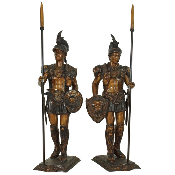 A7747T Vintage Bronze Standing Warrior Spears As A Pair