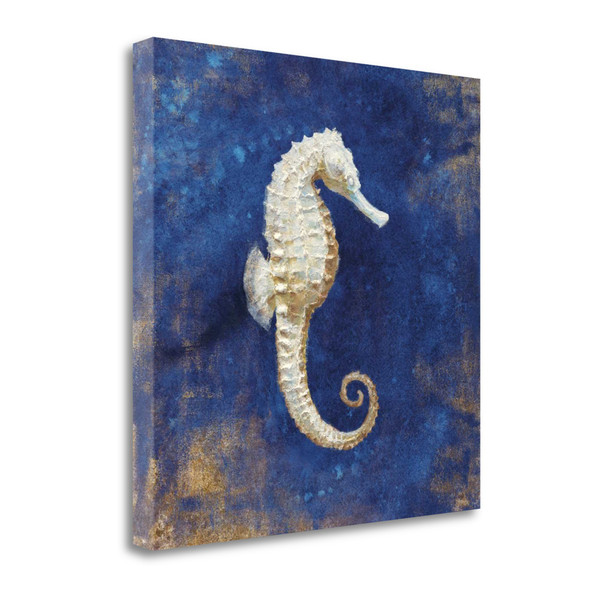 18" Rustic Deep Blue And Gold Seahorse Giclee Wrap Canvas Wall Art 465317 By Homeroots