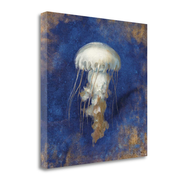 35" Rustic Deep Blue And Gold Jelly Fish Giclee Wrap Canvas Wall Art 465346 By Homeroots