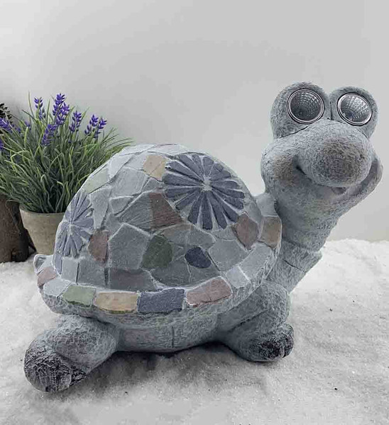 10" Gray Happy Turtle Mosaic Tile With Solar Eyes Indoor Outdoor 473201 By Homeroots