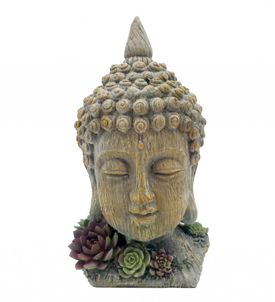 12" Serene Grey Budha Head With Succulents Indoor Outdoor Statue 473228 By Homeroots