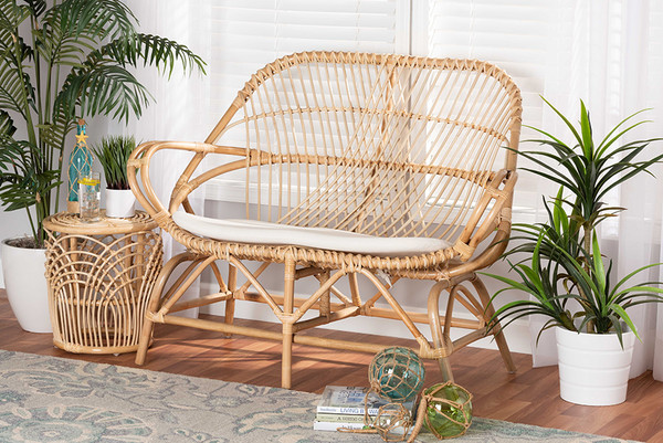 Jayden Modern Bohemian White Fabric Upholstered And Natural Brown Finished Rattan Loveseat By Baxton Studio Jayden-Rattan-LS