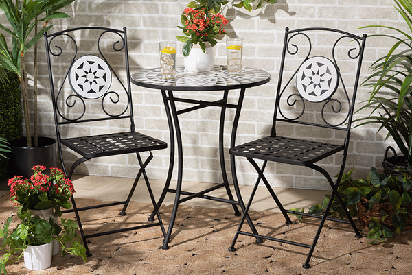 Callison Modern And Contemporary Black Finished Metal And Multi-Colored Glass 3-Piece Outdoor Dining Set By Baxton Studio H01-100347-Mosaic-3PC Set