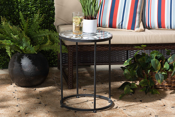 Kaden Modern And Contemporary Multi-Colored Glass And Black Metal Outdoor Side Table By Baxton Studio H01-104348 Mosaic Side Table
