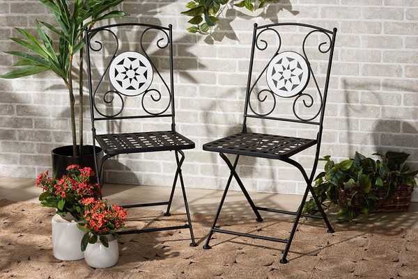 Julius Modern And Contemporary Black Finished Metal And Multi-Colored Glass 2-Piece Outdoor Dining Chair Set By Baxton Studio H01-100347 Mosaic Chair