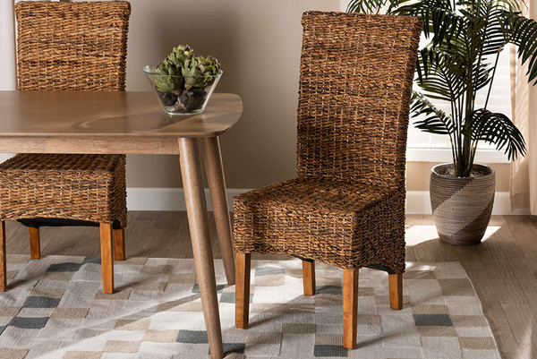 Trianna Rustic Transitional Natural Abaca And Brown Finished Wood Dining Chair By Baxton Studio Florence Highback-Natural-DC