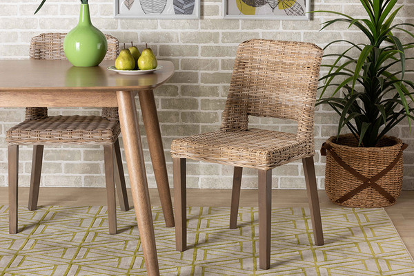 Magy Modern Bohemian Grey Rattan And Natural Brown Finished Wood 2-Piece Dining Chair Set By Baxton Studio Magy-Grey Natural-DC