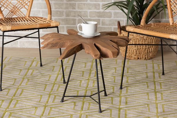 Merci Rustic Industrial Natural Brown And Black End Table With Teak Tree Trunk Tabletop By Baxton Studio Merci-Natural/Black-ET