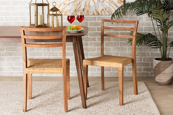 Arthur Mid-Century Modern Walnut Brown Mahogany Wood and Natural Rattan 2-Piece Dining Chair Set By Baxton Studio Arthur-Teak-DC