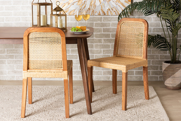 Caspia Mid-Century Modern Walnut Brown Mahogany Wood and Natural Rattan 2-Piece Dining Chair Set By Baxton Studio Caspia-Teak-DC