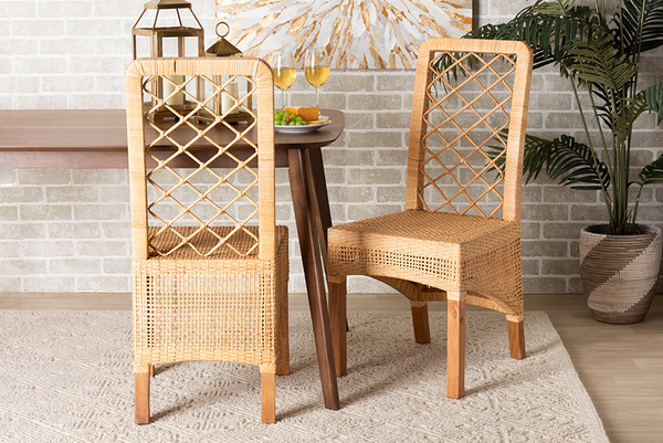 Moscow Modern Bohemian Natural Brown Rattan and Walnut Brown Mahogany Wood 2-Piece Dining Chair Set By Baxton Studio Moscow-Teak-DC