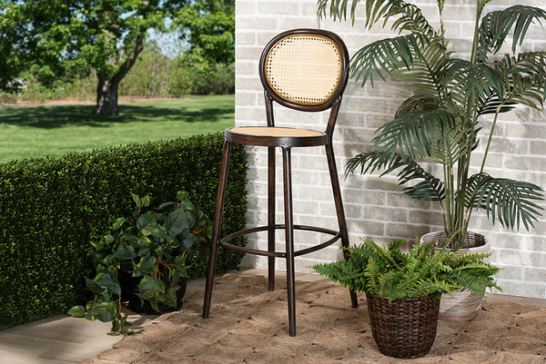 Thalia Mid-Century Modern Dark Brown Finished Metal And Synthetic Rattan Outdoor Bar Stool By Baxton Studio WA-33001-H-Natural/Dark Brown-BS