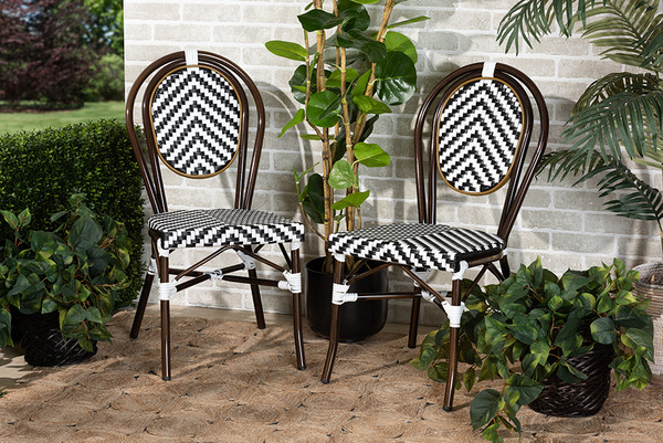 Alaire Classic French Black And White Weaving And Dark Brown Metal 2-Piece Outdoor Dining Chair Set By Baxton Studio WA-4094V-Black/White-DC