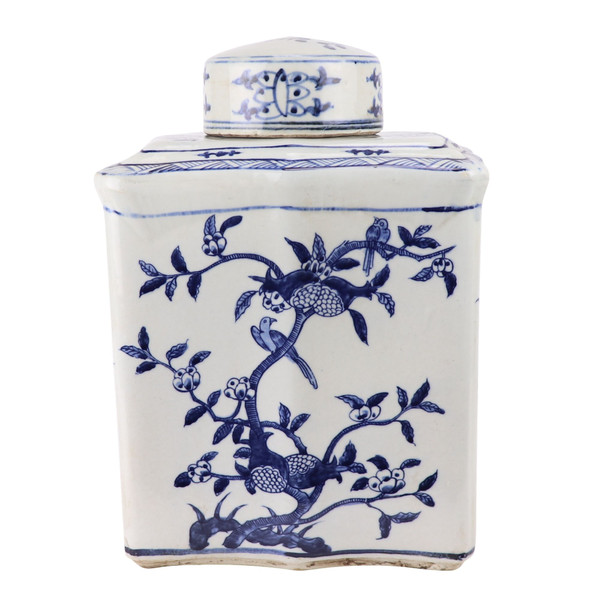 Blue And White Curved Tea Jar Pomegranate Motif 1304AB