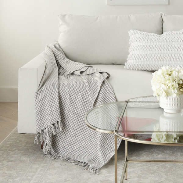 Gray And White Herringbone Stitch Embroidered Throw Blanket 386686 By Homeroots