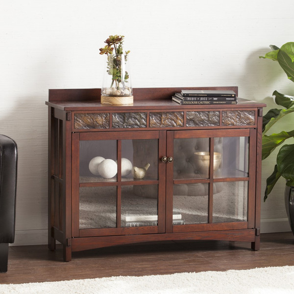 Earthy Mission Style Wood Slate And Glass Low Curio 401670 By Homeroots