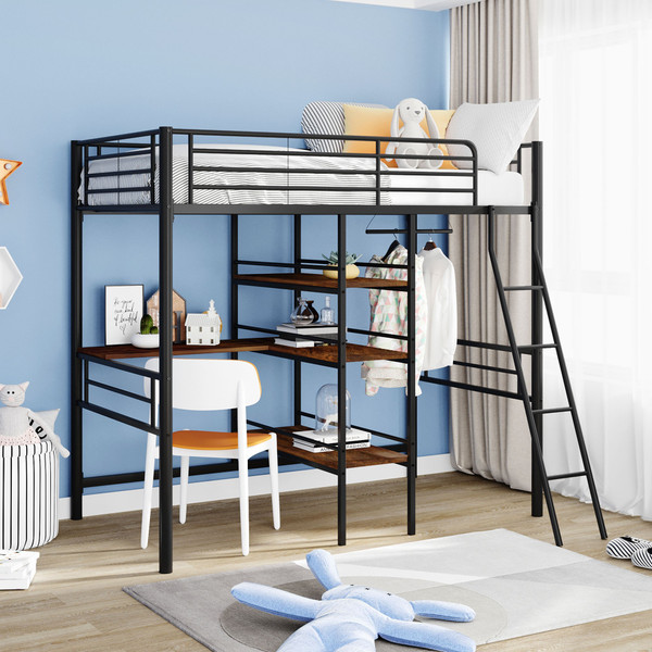 Black Twin Size Metal Loft Bed With Built In Wooden Shelves And Desk 403624 By Homeroots