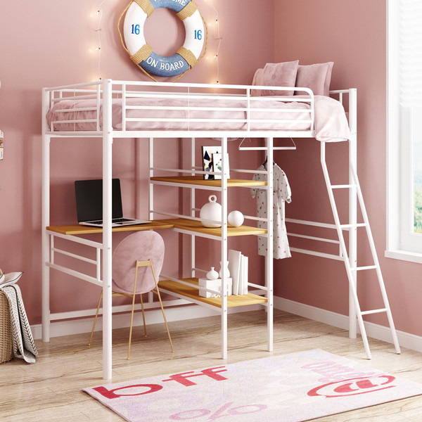 White Twin Size Metal Loft Bed With Built In Wooden Shelves And Desk 403625 By Homeroots