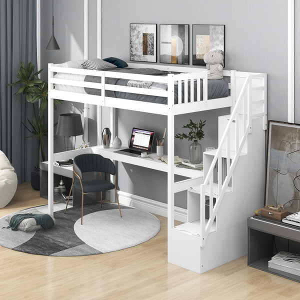 White Twin Size Loft Bed With Built In Desk And Stairway 403626 By Homeroots