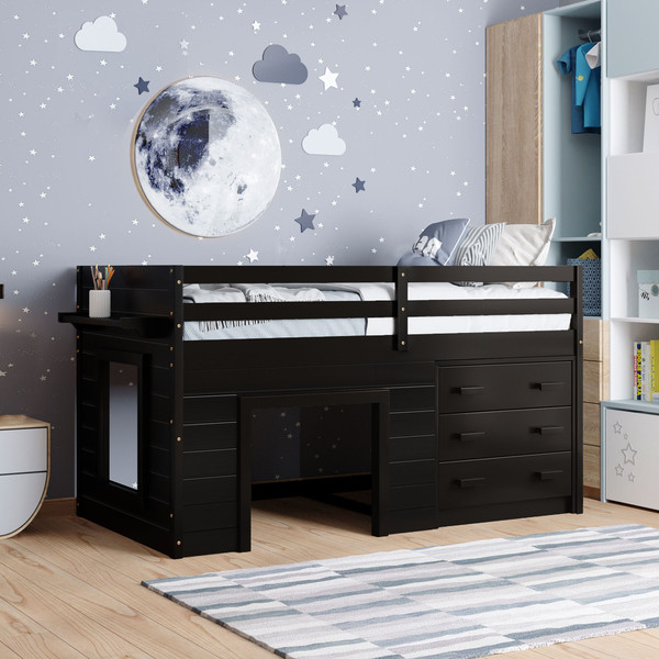 Espresso Twin Size Loft Bed With Playhouse And Drawers 403651 By Homeroots