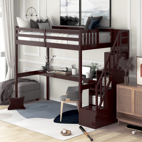 Espresso Twin Size Loft Bed With Built In Desk And Stairway 403653 By Homeroots