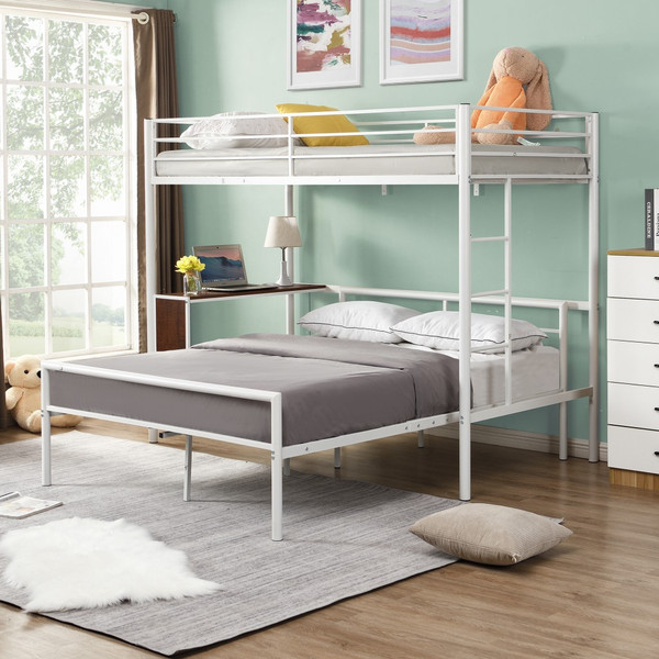 White Twin Over Full Metal Bunk Bed With Built In Desk 404059 By Homeroots