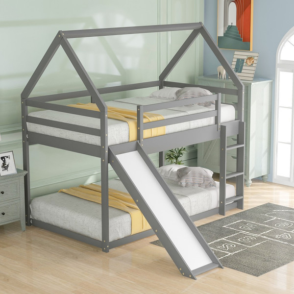 Gray Twin Over Twin House Bed With Slide And Ladder 404060 By Homeroots