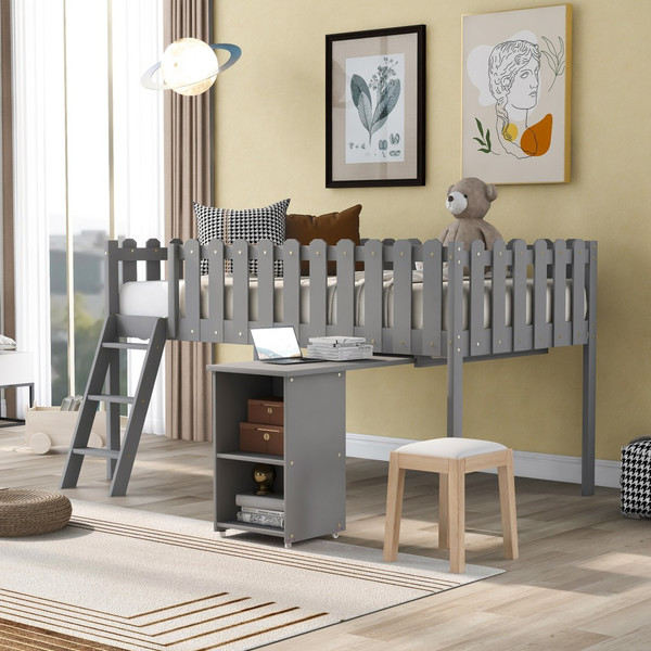 Gray Picket Fence Twin Size Loft Bed With Desk And Cabinet 404096 By Homeroots