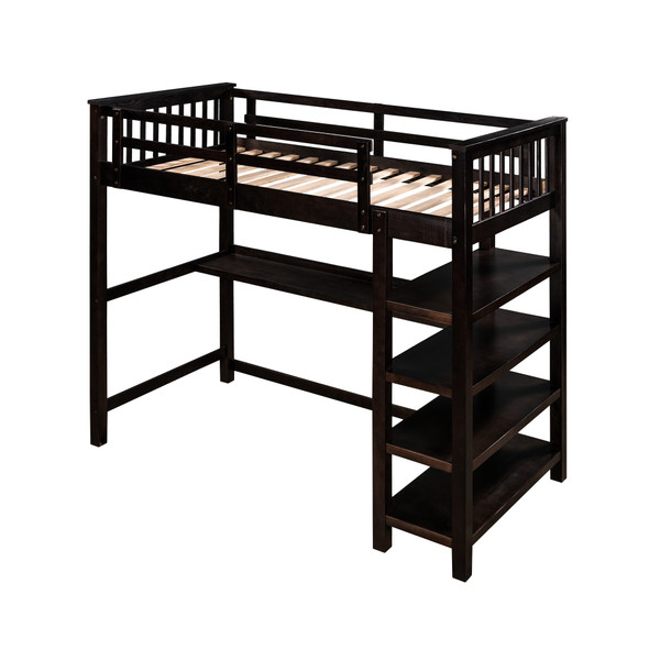 Espresso Twin Size Wood Loft Bed With Storage Shelves And Desk 404097 By Homeroots