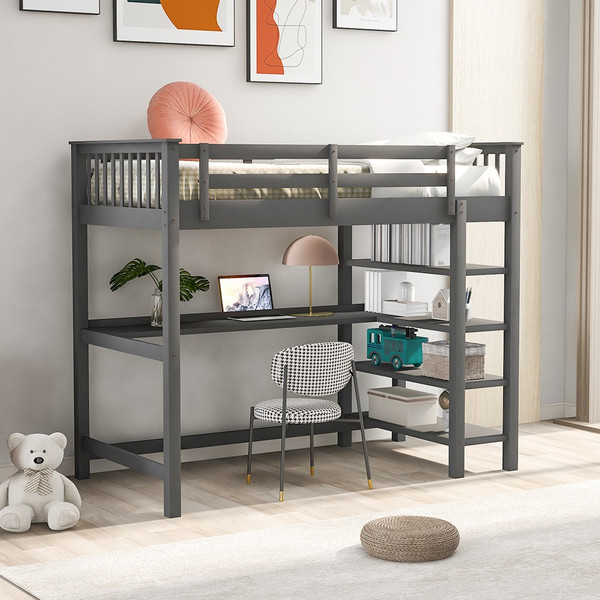 Gray Twin Size Wood Loft Bed With Storage Shelves And Desk 404098 By Homeroots