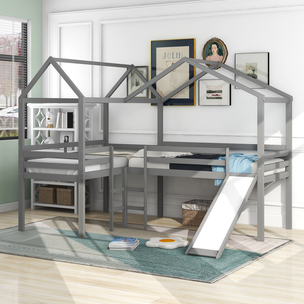 Gray L-Shaped Double Twin Size Loft Bed 404180 By Homeroots