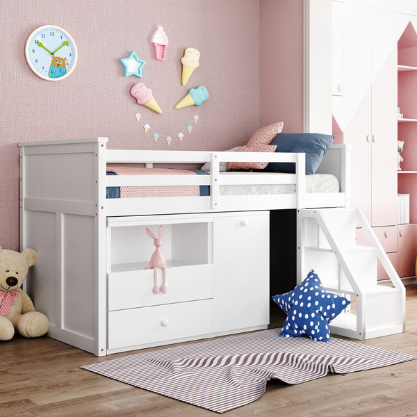 White Twin Size Low Loft Bed With Portable Desk 404184 By Homeroots