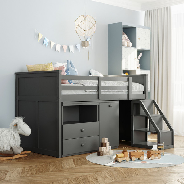 Gray Twin Size Low Loft Bed With Portable Desk 404185 By Homeroots