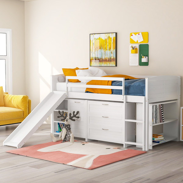 White Twin Size Low Loft Bed With Cabinets And Slide 404192 By Homeroots