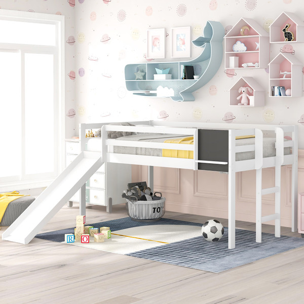 White Twin Loft Bed Bed Chalkboard And Slide 404201 By Homeroots