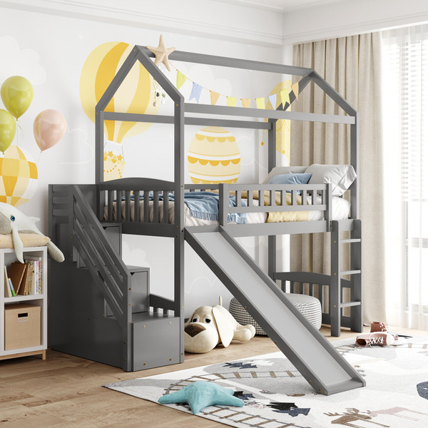 Gray Twin Size Playhouse Loft Bed With Drawers And Slide 404205 By Homeroots