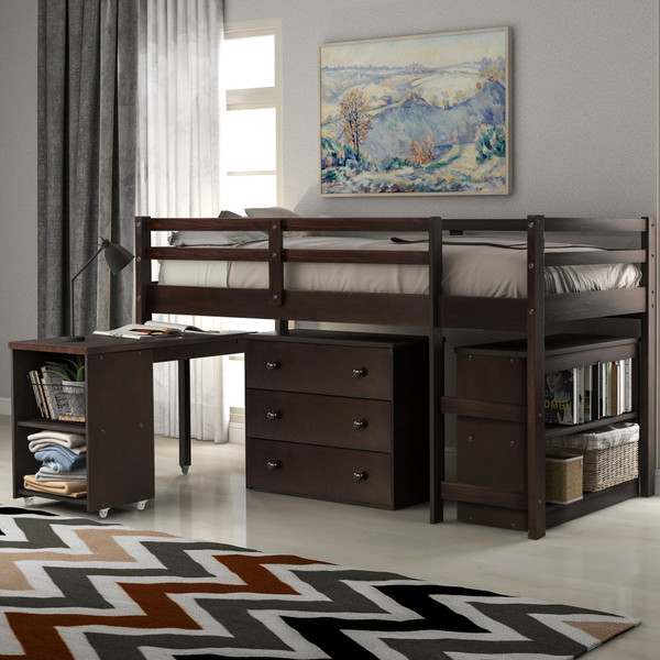 Brown Low Twin Loft Bed With Cabinet And Desk 404218 By Homeroots