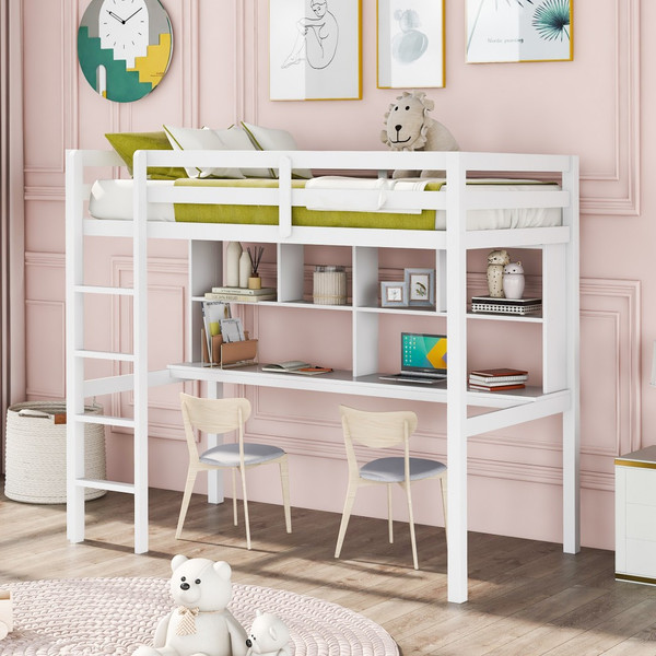 White Twin Loft Bed With Desk And Shelves 404222 By Homeroots