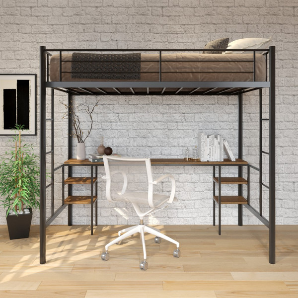 Neo Black And Maple Metal Loft Bed With Desk And Double Ladder 404230 By Homeroots