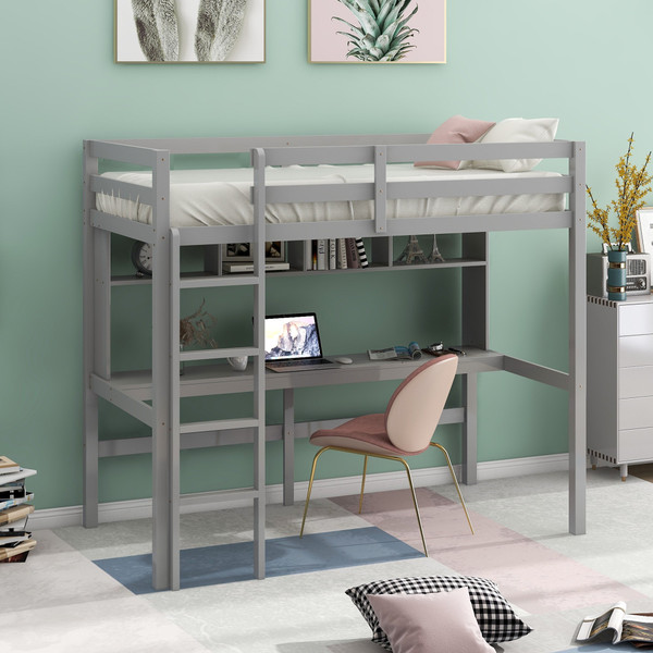 Minimalist Gray Twin Size Loft Bed With Built In Desk And Shelf 404250 By Homeroots